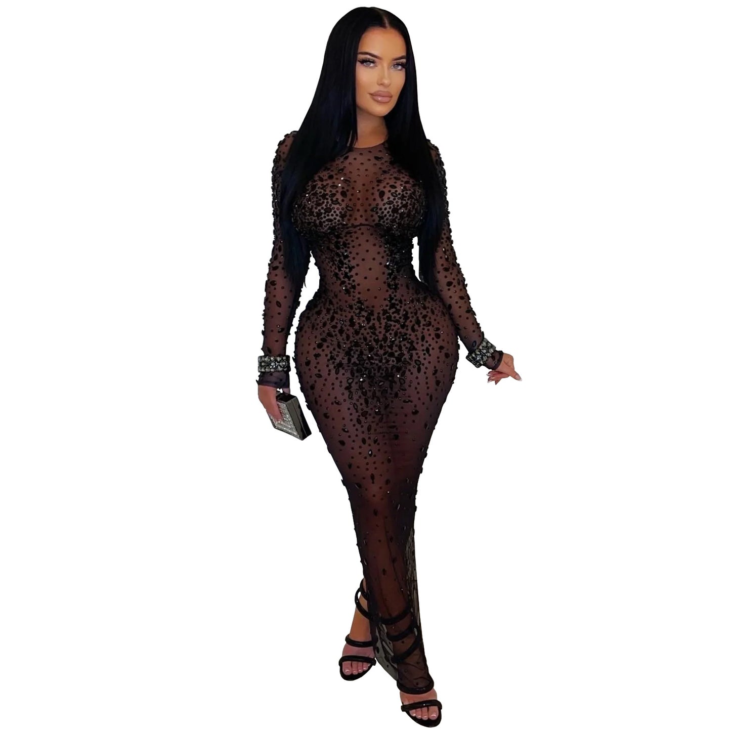 XYZ C7596 sheer mesh rhinestone sheath dress