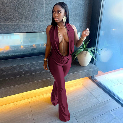 DZHT D25JP554 fashion hollowed-out fake two-piece halter swing collar bare back one-piece trousers