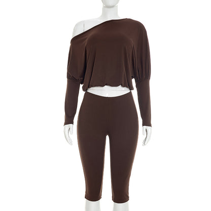 DZHT Q26ST123 simple shoulder loose top high waist cropped pants suit