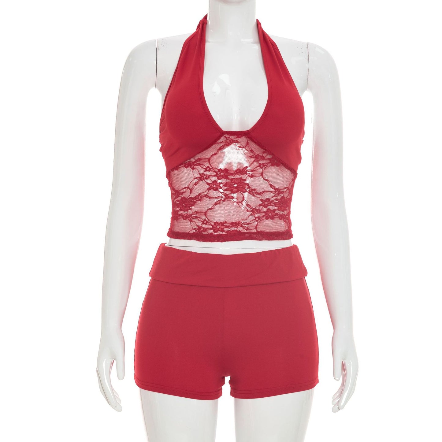 DZHT J26ST192 lace stitching halter strap backless top shorts suit