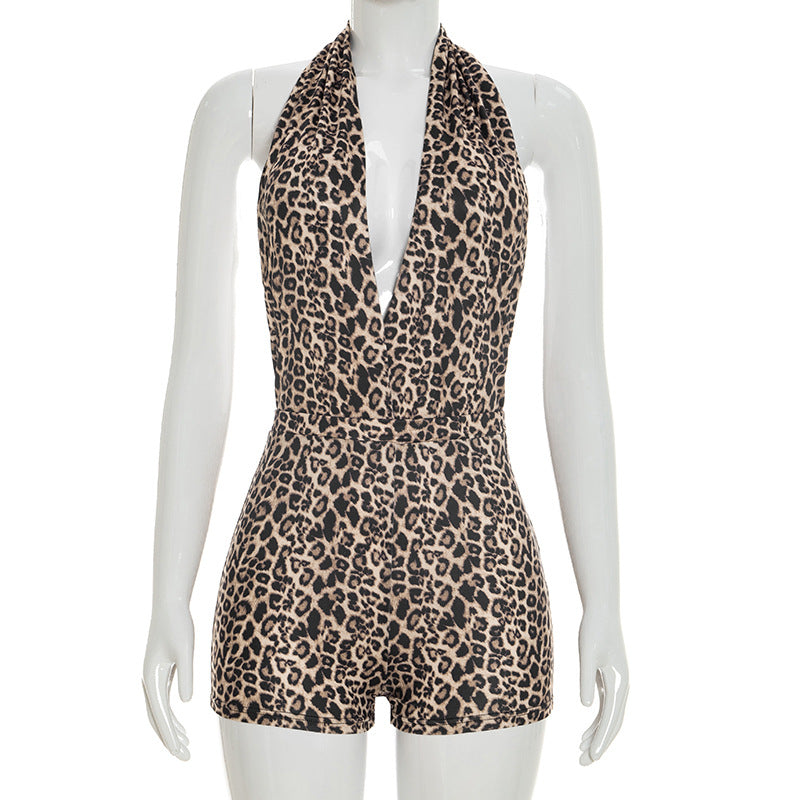 DZHT D26RP008 spring/summer leopard print halter bare back bundle one-piece shorts