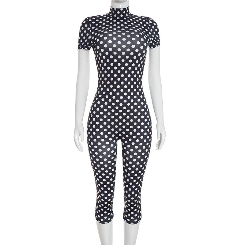 DZHT D26JP191 printed half turtleneck short sleeve backless tight one-piece cropped pants