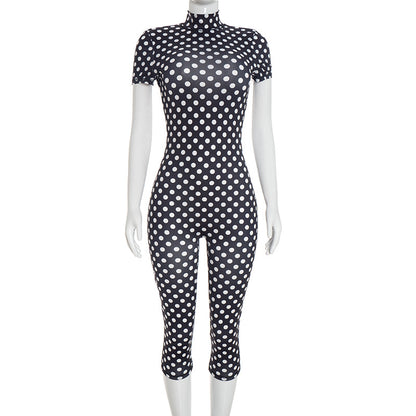 DZHT D26JP191 printed half turtleneck short sleeve backless tight one-piece cropped pants