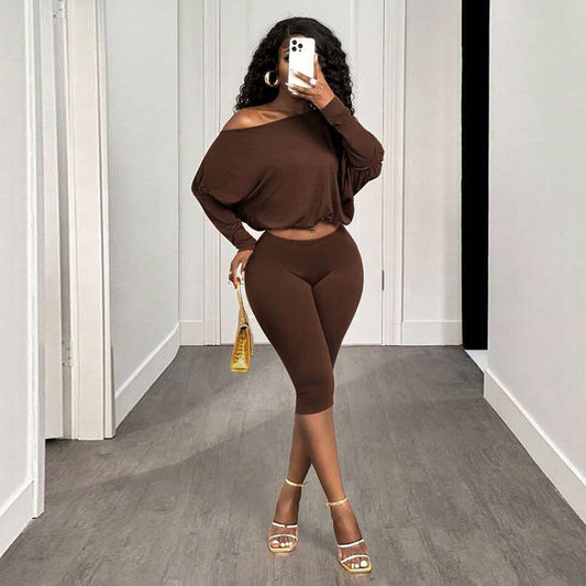DZHT Q26ST123 simple shoulder loose top high waist cropped pants suit