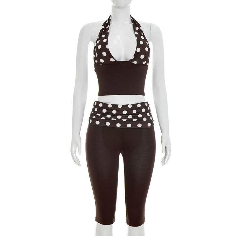 DZHT J26ST130 stitching dotted prints halter spaghetti straps pleated waist cropped pants two-piece suit