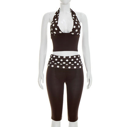 DZHT J26ST130 stitching dotted prints halter spaghetti straps pleated waist cropped pants two-piece suit