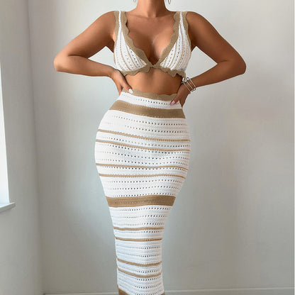 CYB striped textured beach bikini long skirt suit