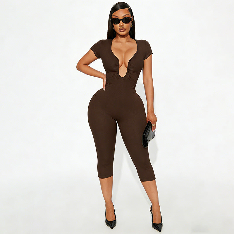 DZHT J25JP479 slim fit slimming chest U-collar jumpsuit