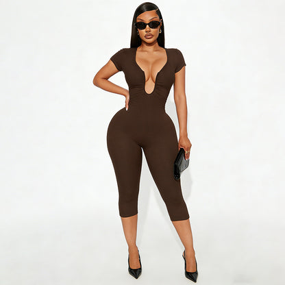 DZHT J25JP479 slim fit slimming chest U-collar jumpsuit