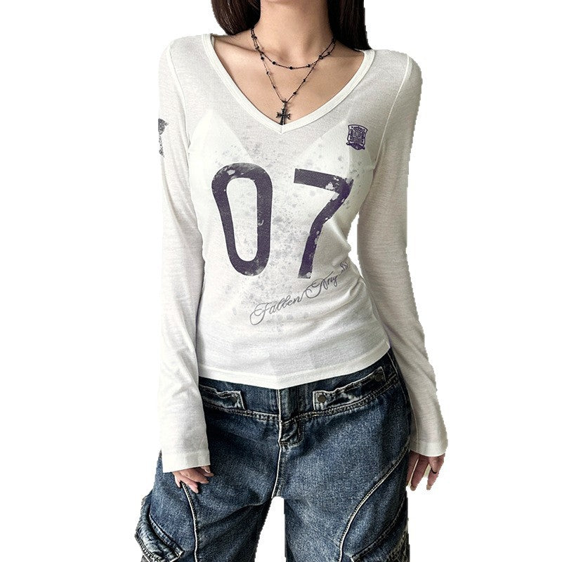 SXR autumn see-through V-neck printed long-sleeved T-shirt top