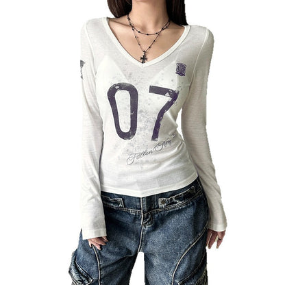 SXR autumn see-through V-neck printed long-sleeved T-shirt top