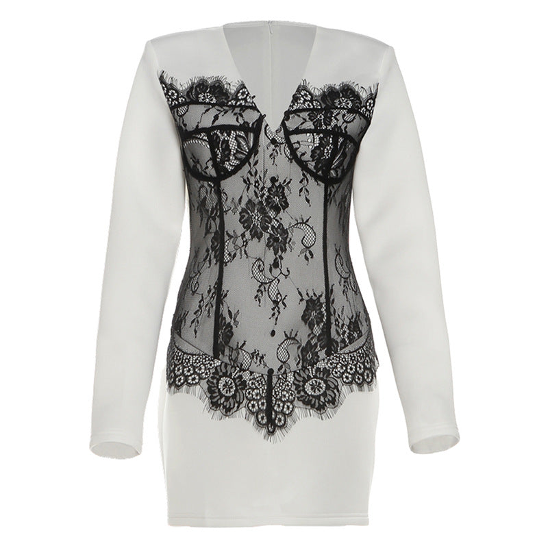 SXR fall V-neck lace contrast-color stitching hip skirt dress