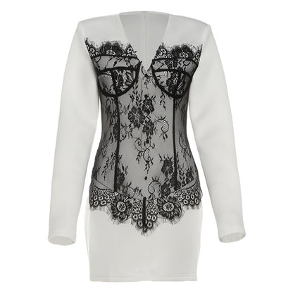 SXR fall V-neck lace contrast-color stitching hip skirt dress