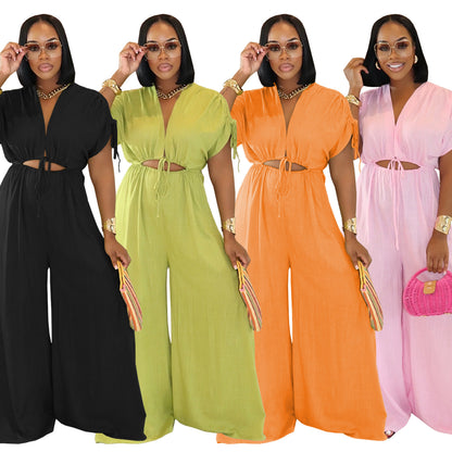 XYZ C7388 casual V-neck lace-up wide-leg jumpsuit
