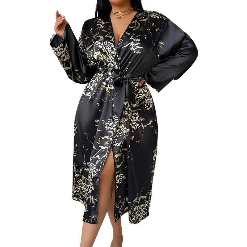 DNL spring large size bathrobe female printing emulation silk nightgown Ice Silk Silk