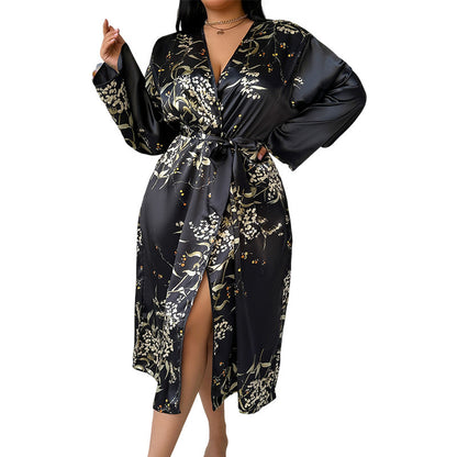 DNL spring large size bathrobe female printing emulation silk nightgown Ice Silk Silk