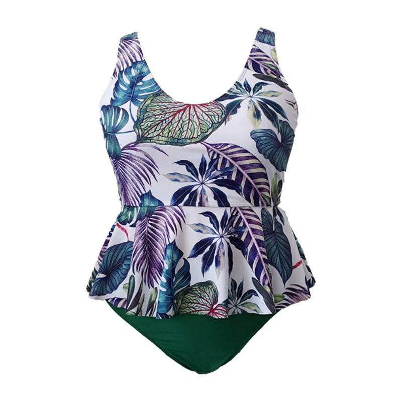 LF (L-4XL) women's split color printing swimsuit plus size