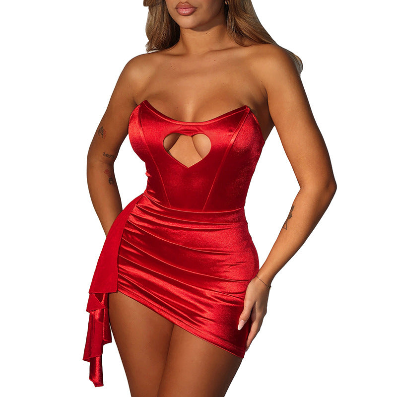 DZHT D25DS592 Valentine's Day love rhinestone tube top ribbon pinch pleated dress