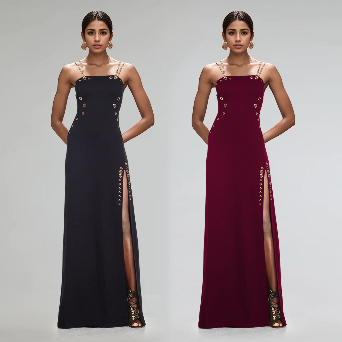 XYZ C7522 elegant gold necklace sleeveless split dress