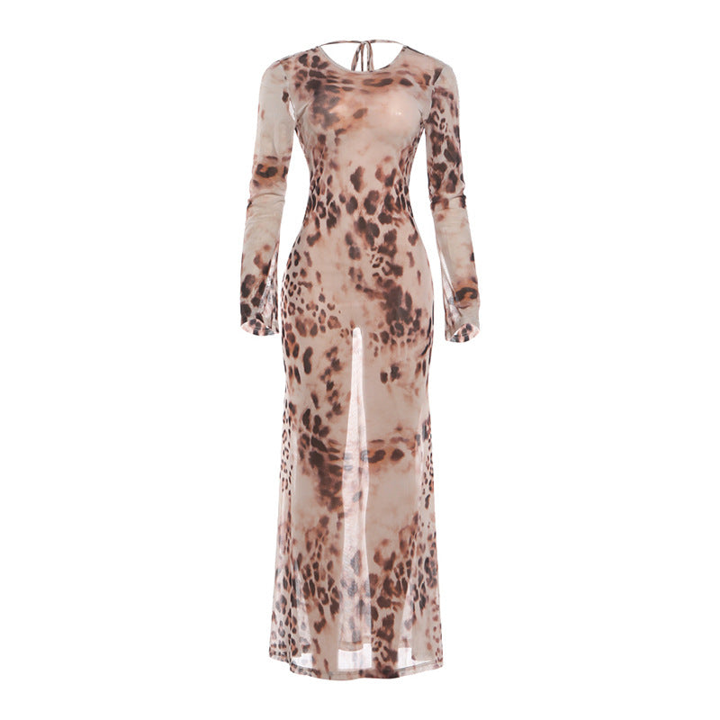 DLS summer long-sleeve round neck leopard print printed sexy sheath dress