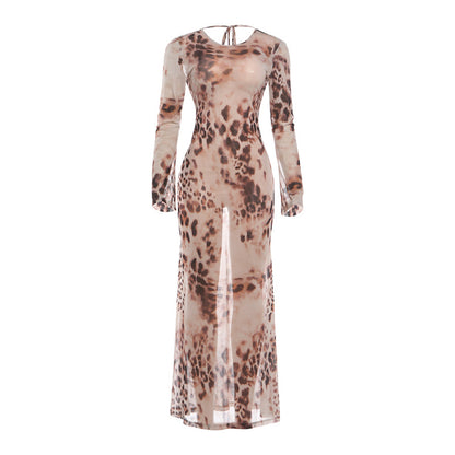 DLS summer long-sleeve round neck leopard print printed sexy sheath dress