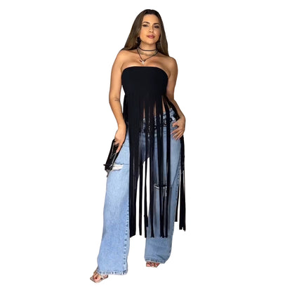 XYZ C7436 deerskin velvet tube top tassel dress