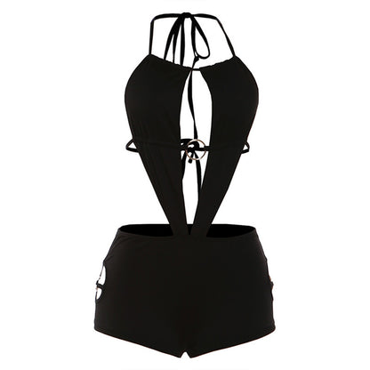 SXR K25Q90201 Spring Hollow backless lace-up sheath shorts halter jumpsuit