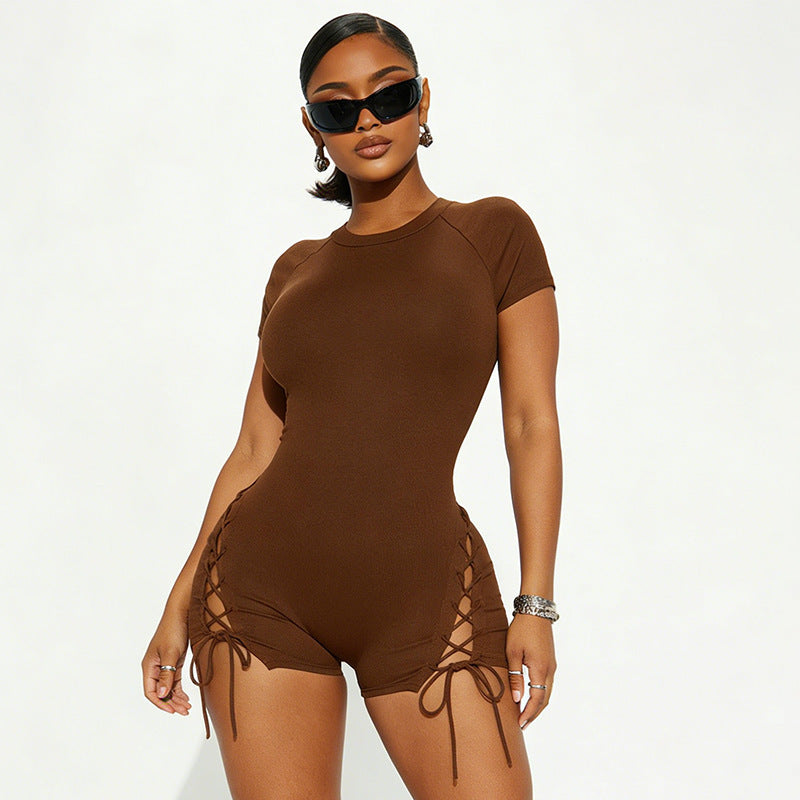 DZHT J26RP027 short-sleeved slim-fit slimming rib jumpsuit