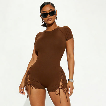DZHT J26RP027 short-sleeved slim-fit slimming rib jumpsuit