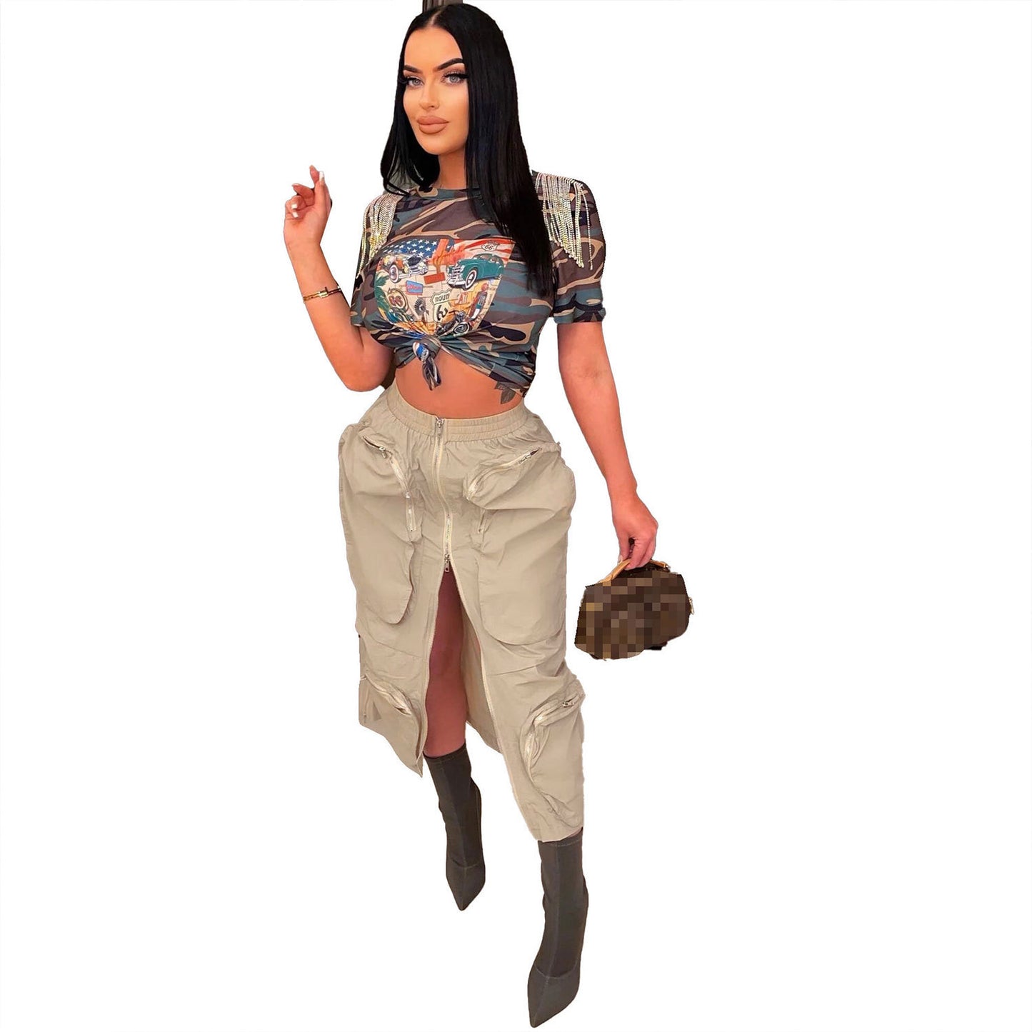 GY (M-3XL) K9080 workwear zipper pocket skirt