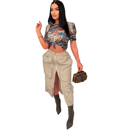 GY (M-3XL) K9080 workwear zipper pocket skirt