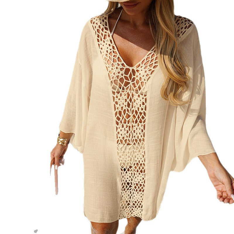 CYB beach hand crocheting patchwork blouse medium long sleeve loose sun protection dress