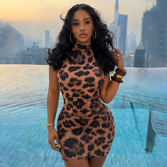 DZHT J26DS004 fashion leopard print sleeveless slim slimming mini dress
