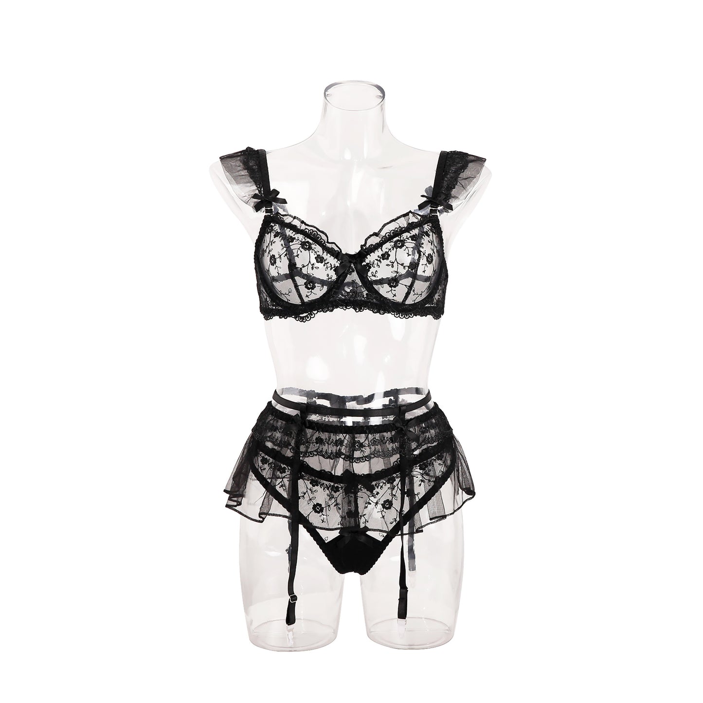 Lace see-through embroidered sexy lingerie set three-piece set