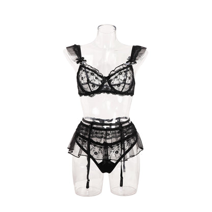 Lace see-through embroidered sexy lingerie set three-piece set