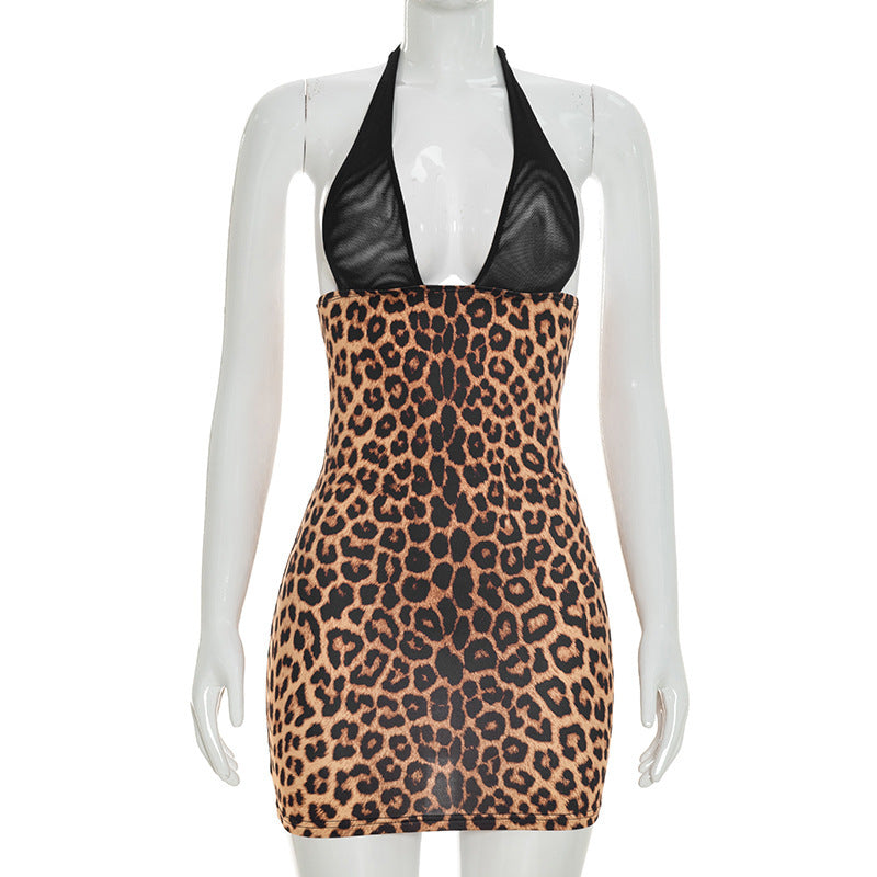 DZHT D26DS170 leopard print lace-up halter sheath slim dress