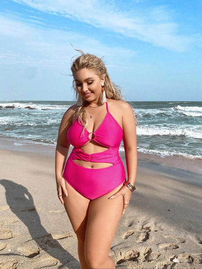 LF (L-4XL) women's one-piece solid color sexy swimsuit plus size