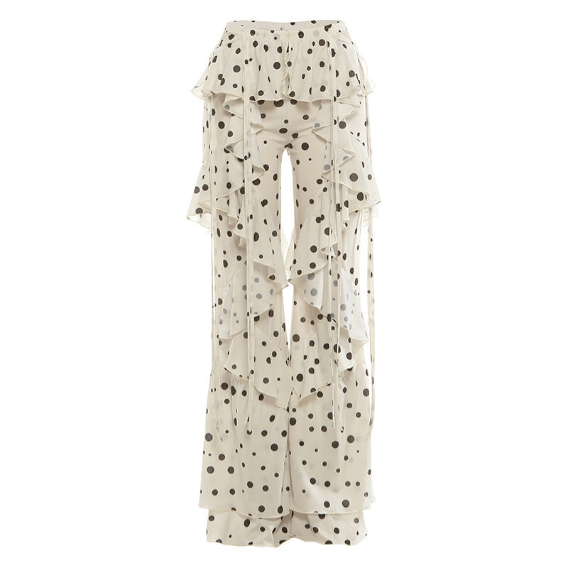 DLS lace-up stitching polka dot printed ruffled bootcut pants