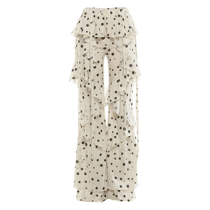 DLS lace-up stitching polka dot printed ruffled bootcut pants