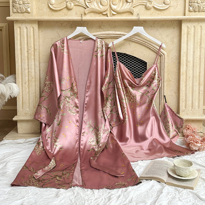 DNL printed small cherry emulation silk nightgown Ice Silk suspender skirt nightdress