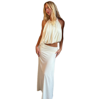DLS summer halter backless solid color vest slim fit sexy split maxi dress suit
