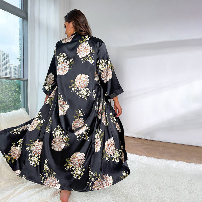(XL-5XL) DNL plus size loose printed long emulation silk nightgown