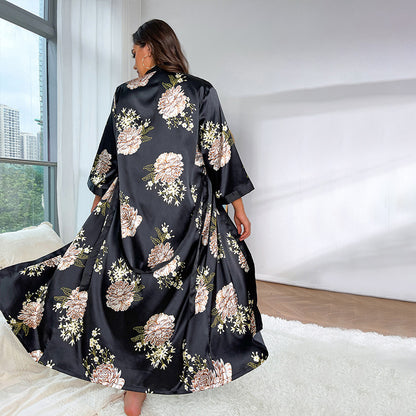 (XL-5XL) DNL plus size loose printed long emulation silk nightgown
