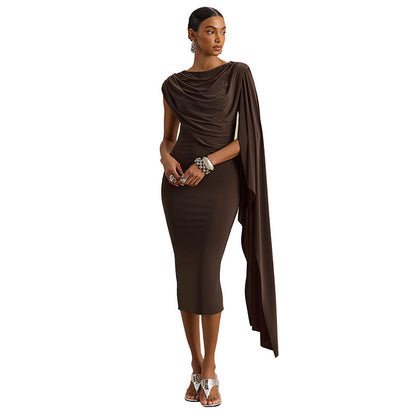 DZHT Q26DS066 solid color slim-fit ribbon sleeveless irregular swing collar dress