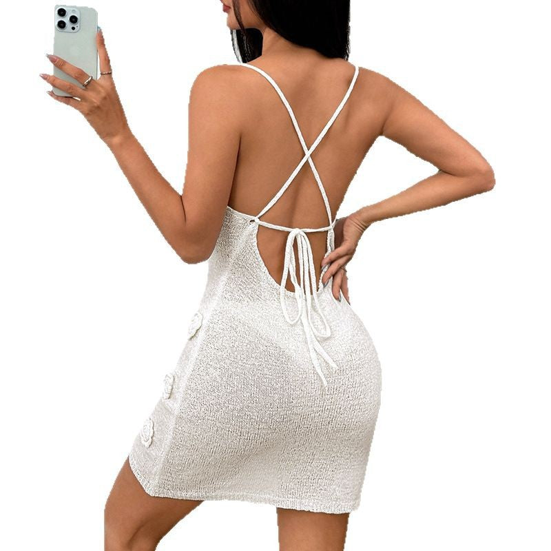 CYB U-collar cross strap three-dimensional hook flower slip dress