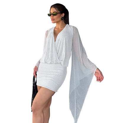DZHT D26DS108 polka dot print mesh stitching long sleeves backless sheath dress skirt