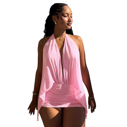 DZHT D26DS041 spring fake two-piece mesh halter bare back dress