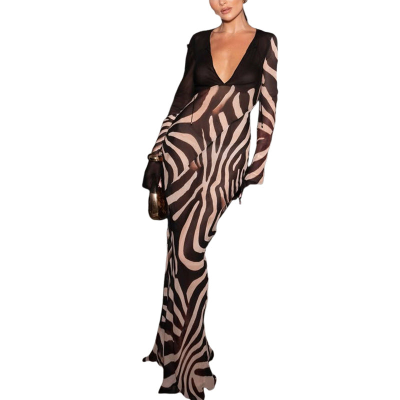 SXR summer fashion color contrast printed V-neck mesh long sleeve dress