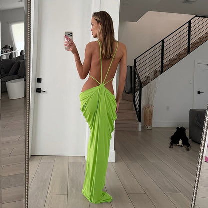 DZHT D26DS164 solid color sleeveless bare back pleated long dress