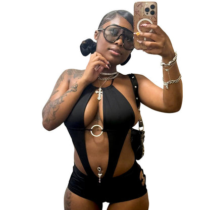 DZHT D26RP003 spring ring hollow-out halter bare back one-piece shorts